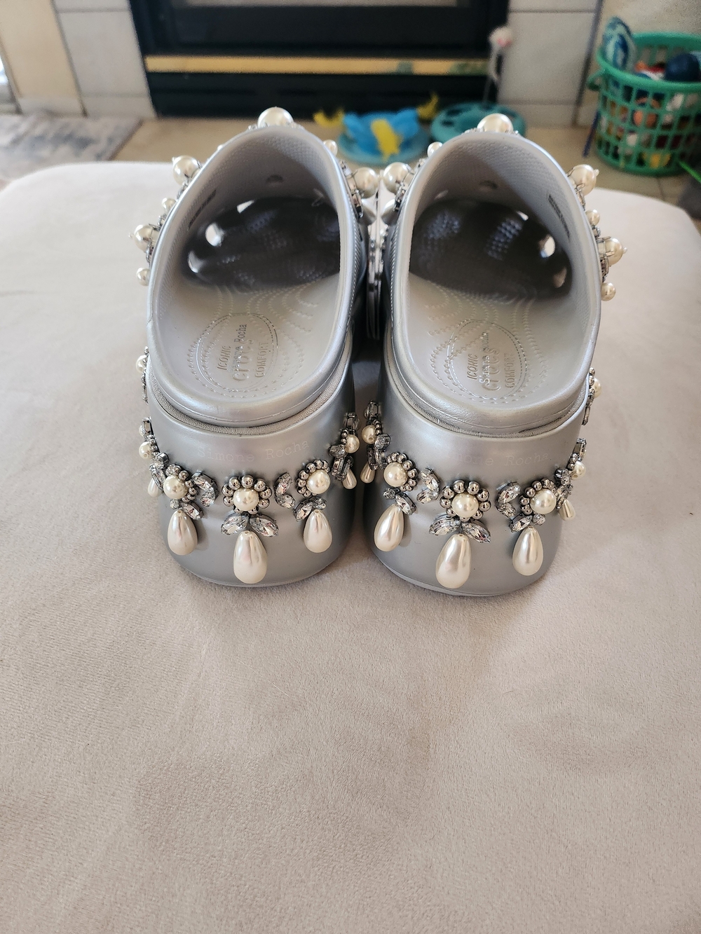 CROCS Silver Jeweled Pearl-Embellished Clog Sandals - Picture 2 of 8